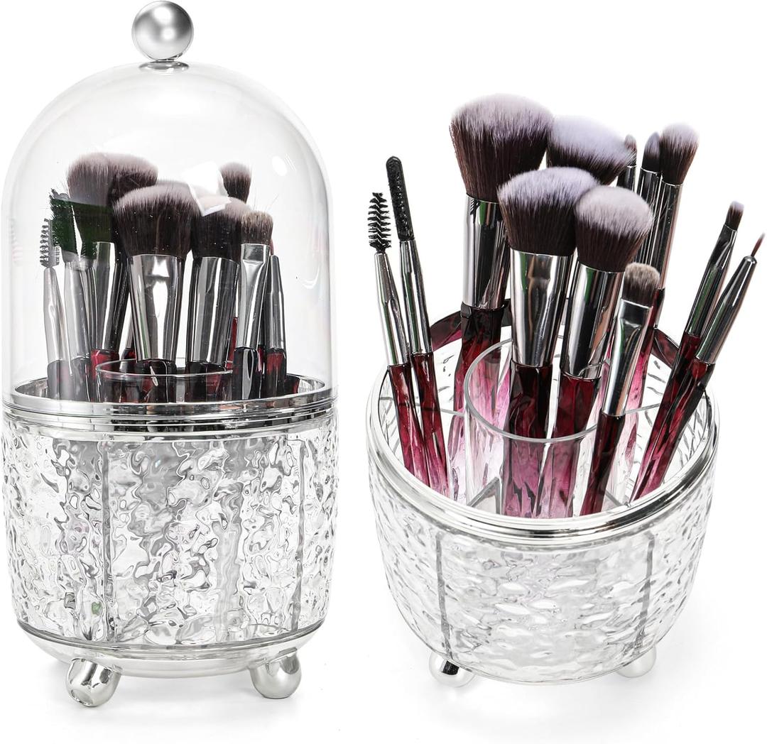 Eorbow Rotating Makeup Brush Holder, Dustproof Cosmetic Tools Organizer with Lid, 360 Spinning Covered Brushes Storage with Anti-slip Pads for Vanity, Bathroom Countertop & Bedside Table, Clear