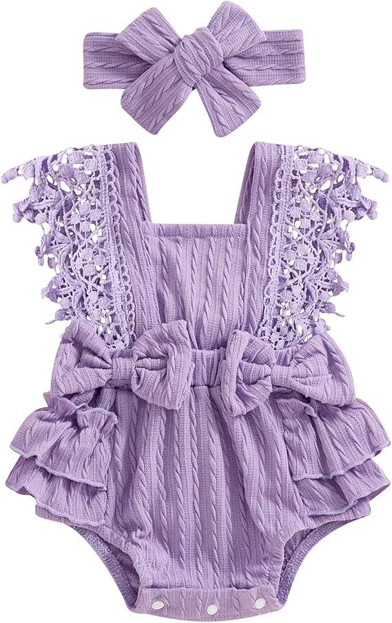 FOMOYUU Newborn Baby Girl Clothes Summer Short Sleeve Jumpsuit Romper with Bow Headband Knit Ribbed Outfits, 100
