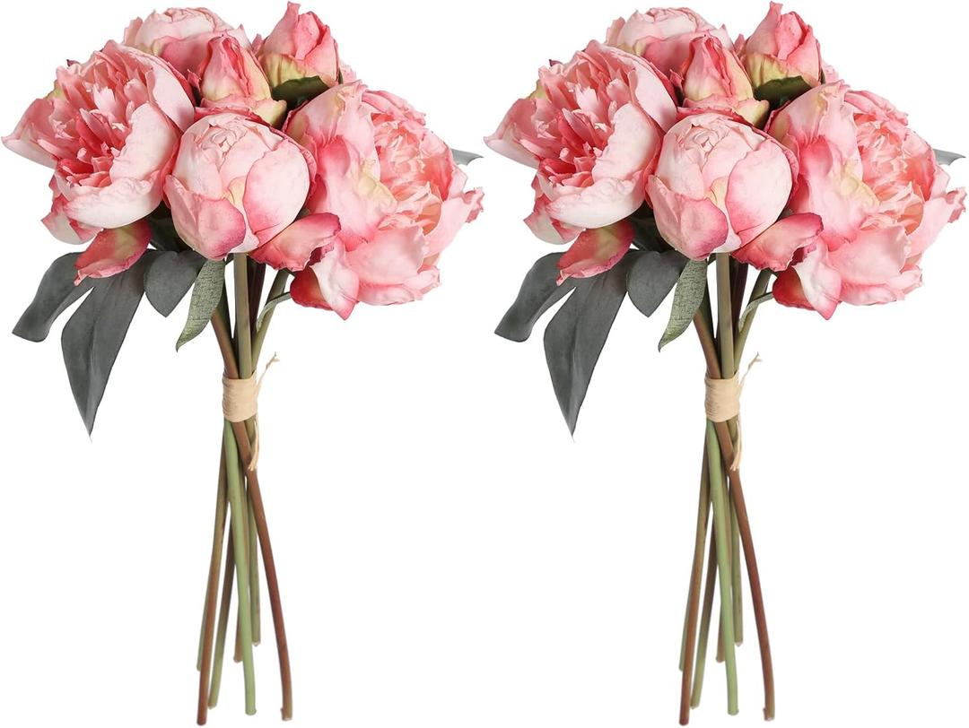 Pink Peonies Artificial Flowers 2 Bouquets Vintage Fake Peonies 14pcs Heads Silk Flowers with Stems for Wedding Decoration Bride Bouquet Faux Flowers Crafts Floral Arrangement (Pink)