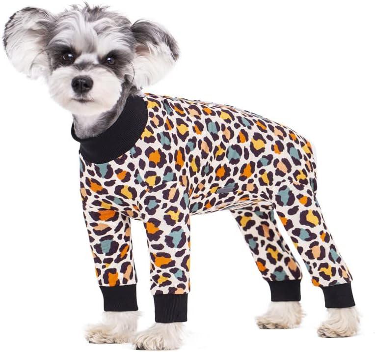 Dog Striped Recovery Suit, Puppy After Surgery Onesie for Female Male Dogs, Dogs Cats Long Sleeve Pajamas Bodysuit, Surgery Abdominal Wound Bandages Clothes, Dog Pant for Shedding Skin Disease (Small, Leopard)