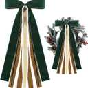 Large Green Velvet Christmas Ribbon Bow Sash for Wreath 12" x 24" Retro Xmas Tree Topper Bow Ribbons Bundle Giant Holiday Ornaments Decor for Winter Front Door Wall Window Indoor Outdoor