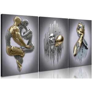 Modern Bedroom Wall Art Set of 3-3D Metal Effect Couple Canvas Paintings Wall Decor, Abstract Figure Statue Art Prints for Living Room Home Decor - 16x24in Framed