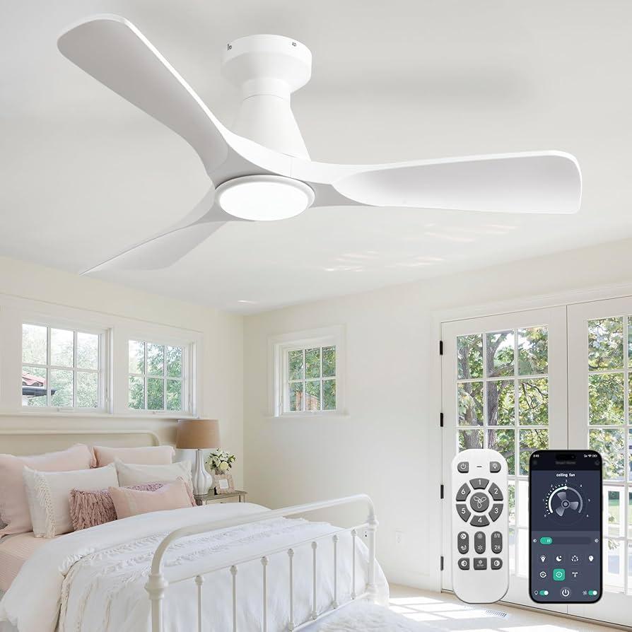 BvenuBigLite Ceiling Fans with Lights and APP: Flush Mount Low Profile Ceiling Fan for Bedroom - Dimmable Fan with Remote Control White 3 Blade Ultra Quiet