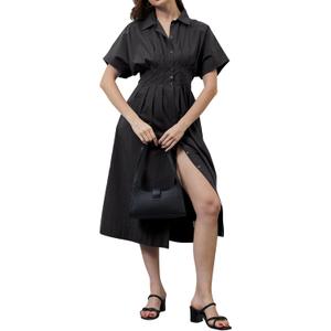 Women Striped Button Down Pleated Shirt Dress Summer Short Sleeve Ruffle A Line Swing Long Blouse Midi Long Dress (Medium, Bl)