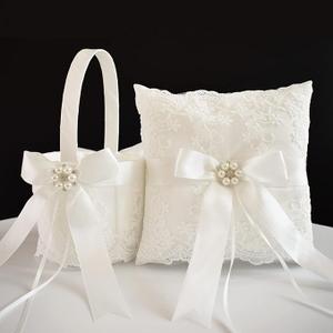ATAILOVE Ivory Wedding Flower Girl Basket and Ring Bearer Pillow Set, Satin Fairy Lace Flower Baskets for Flower Girl