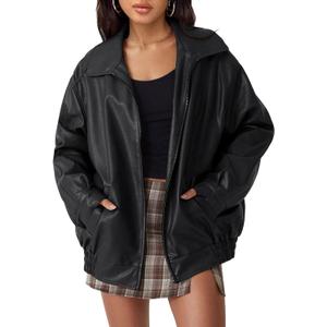 AUTOMET Women's Oversized Faux Leather Jacket - Fall Motorcycle Style Coat with Zipper Closure (Medium, Black)