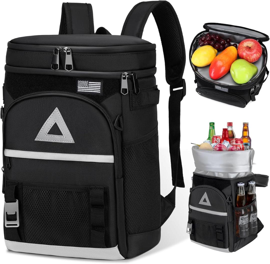 Bacgnyer Backpack Cooler Insulated Leakproof - Waterproof 22L Cooler Bag for Men & Women, Portable Soft Sided for Camping, Beach, Fishing, Lunch, Hiking with Magnetic Fold & Dry Storage Design. Black