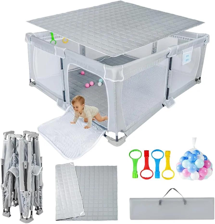 Nvlirun Foldable Baby Playpen 59"x71"，Playpen for Babies and Toddlers with Mat，Foldable playpen with Door，Indoor and Outdoor Baby Fence Play Area (Grey (Cationic Fabric), Foldable 59"x71" with Mat)