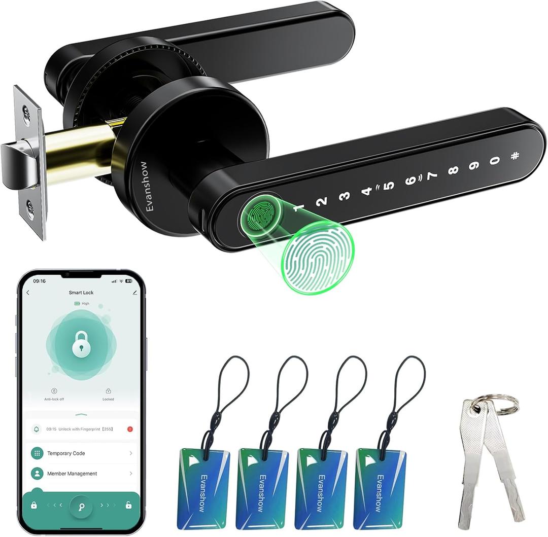 Smart Door Lock with Knob, Keyless Entry Door Locks with Handle, Fingerprint Door Knob for Bedroom/Front Door/Apartment, Generate Passcode Remotely Black