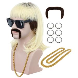 VGbeaty 70s 80s Adult Men Long Curly Black Root Blonde Mullet Mutsache Wig with Gold Necklace and 6 Earrings Halloween Costume Cosplay Wig