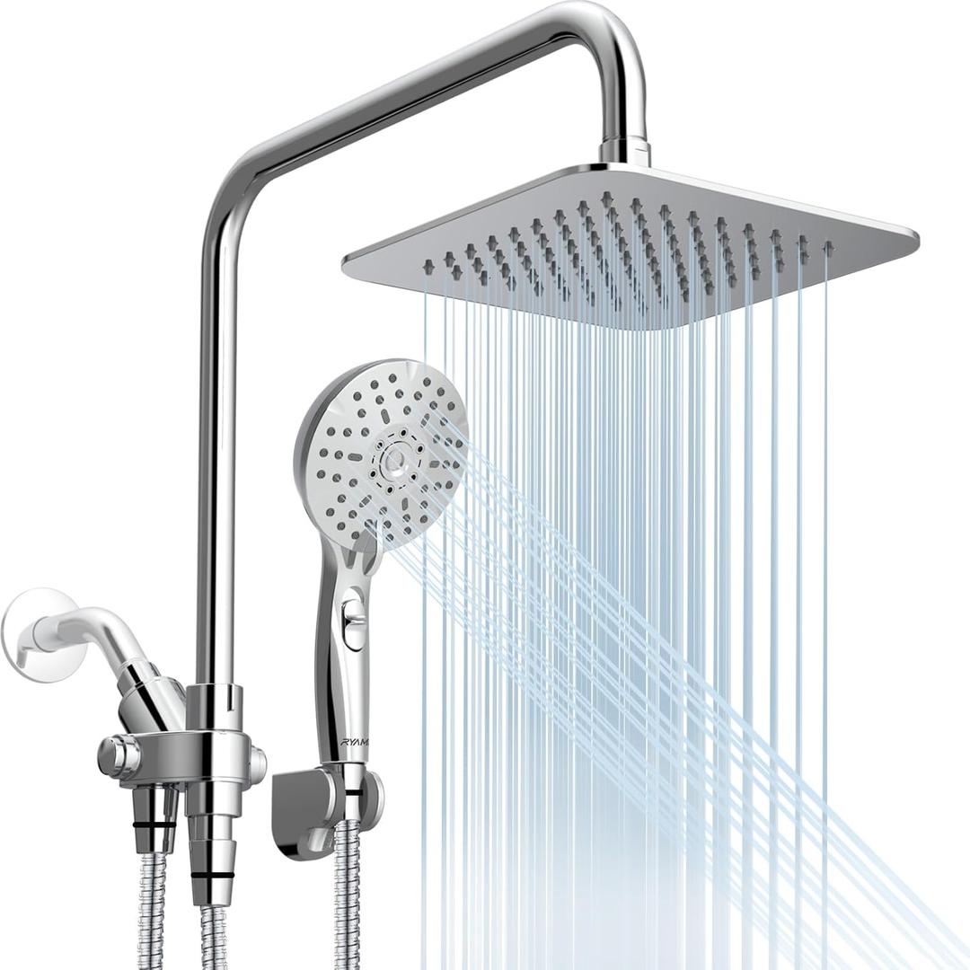 Dual Shower Head Combo, 8'' High Pressure Rain/Rainfall Shower Head, 6 Settings Adjustable Handheld Showers, with 15" Height Adjustable Slide Bar, Holder/Hose, Angle Adjustable, Chrome (Bright Silver)