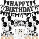 Black Bow Birthday Party Decorations, Girl Bow Birthday Decortions, Black White Balloons, Bows Banner Garland, Bows Cake & Cupcake Toppers and Satin Ribbon for Bow Party Decor