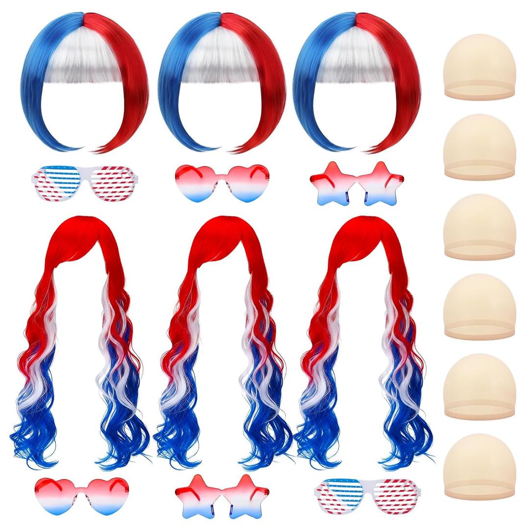 18 Pcs American Flag Wigs Set for Women Red White Blue Wig 4th of July Wigs Short Curly Wavy Wigs Retro 80's USA Glasses for Independence Day Christmas Cosplay Party