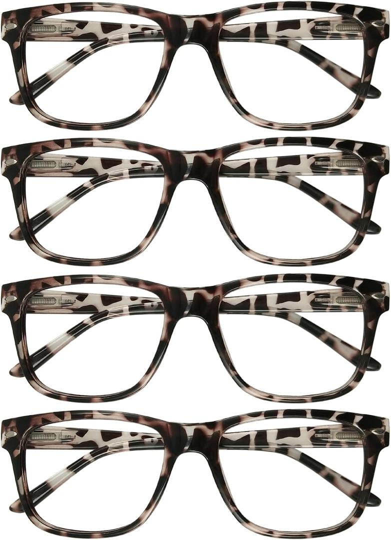 4 Pack Reading Glasses with Spring Hinges, Rectangle Readers for Women Men, Grey Tortoise*4, 2.0 x