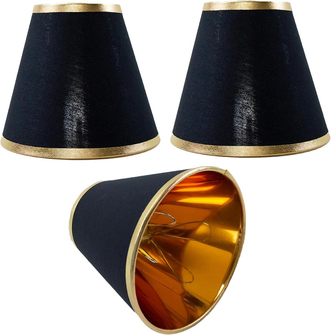 Small Lamp Shade Chandelier Shades Set Of 3, Fabric Lampshade For Wall Lamp, Chandelier Shades, Small Table Lamps, Clip-On Fitter For Cutting Edge Bulbs, 3" x 6" x 5" (Black And Gold Phnom Penh)
