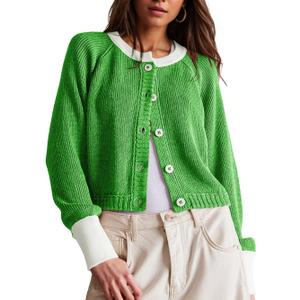 UNCLECAT Women's Cropped Cardigan Sweaters Fall Long Sleeve Open Front Cardigans Button Down Color Block Knit Outwear Coats (Green, S)