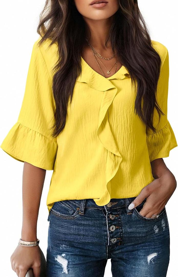 siliteelon Yellow Tops for Women 3/4 Sleeve Ruffle Bell Blouse Dressy Casual Ladies Vacation Sping Summer Outfits 2026 Yellow 2XL 