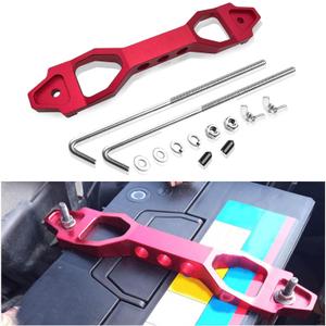 Battery Hold Down Sets, Automotive Crossbar Holder Lock Mount with Galvanized Iron J Bolts, Billet Aluminum Alloy Car Battery Tie Down Bracket, Car Accessories for Most Vehicles (Red)