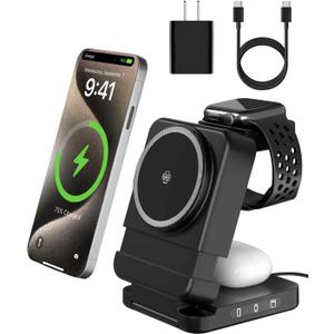 3-in-1 Foldable Wireless Charging Station, 15W Qi2 Magnetic Charger Stand for iPhone, Samsung, Apple Watch, Galaxy Watch, AirPods and Galaxy Buds, Travel Charger with 25W PD Adapter, Black