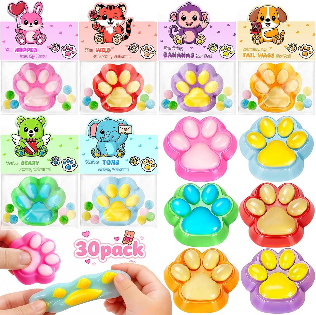 Valentines Day Gifts for Kids Classroom, 30 Pack Valentine Cards with Stretchy Animal Paws, Cute Squeeze Toy for School Valentines Gifts Exchange , Kids Valentines Party Favors Supply for Boys Girls