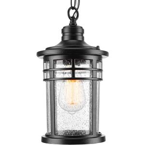 Darkaway Outdoor Pendant Lights for Porch, Outdoor Chandelier Hanging Porch Lights Ceiling Mount Aluminum with Seeded Glass for Front Porch Gazebo Patio (Medium, Black)