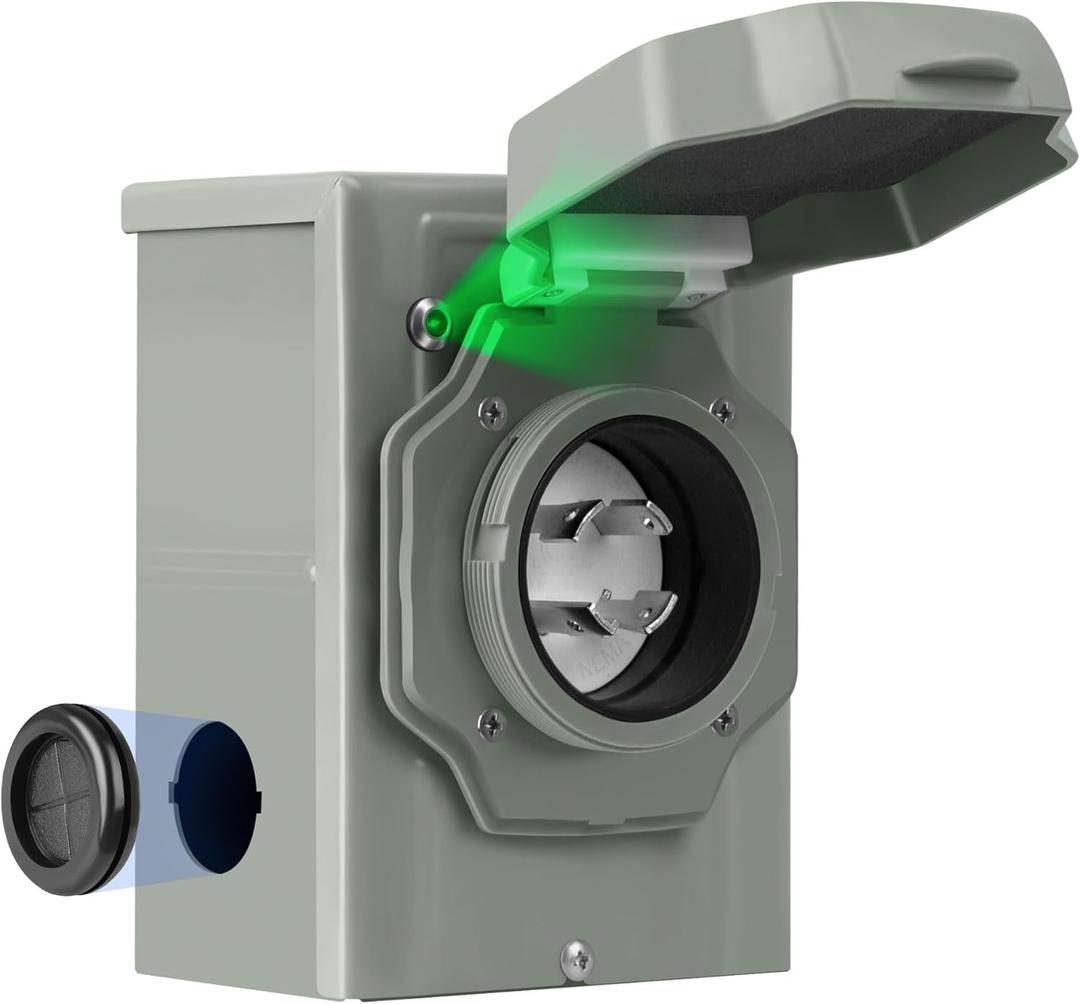 30 Amp Generator Inlet Box, NEMA L14-30P Power Inlet Box for 4-Prong Generator Cord, 125/250V 7500W Weatherproof Outdoor Box with Pre-Drilling Design & Green LED Indicator, ETL Listed