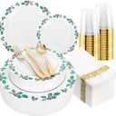 FLOWERCAT 175 PCS Christmas Plates set & Holly Berry Plates - Christmas plates disposable Include 50 Christmas Plastic Plates,25 forks, 25 knives, 25 spoons, 25 napkins Ideal for Xmas Party