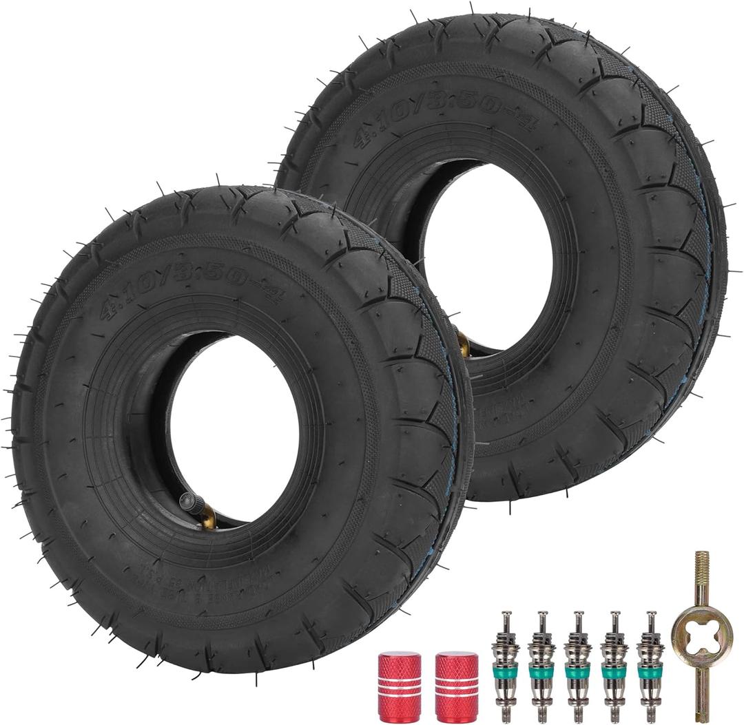 RUTU (2-Pack) 4.10/3.50-4 Replacement Tire + Inner Tube with TR87 Bent Angled Valve Stem for Hand Trucks Dollies Wheelbarrows Lawn Mowers Trailers Lawn Garden Utility Tire & Inner Tube (ROAD TIRES)