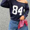 Girl's Number Jersey Sweatshirt Long Sleeve Off The Shoulder Sweatshirt Tops Pullover Streetwear (Blue)