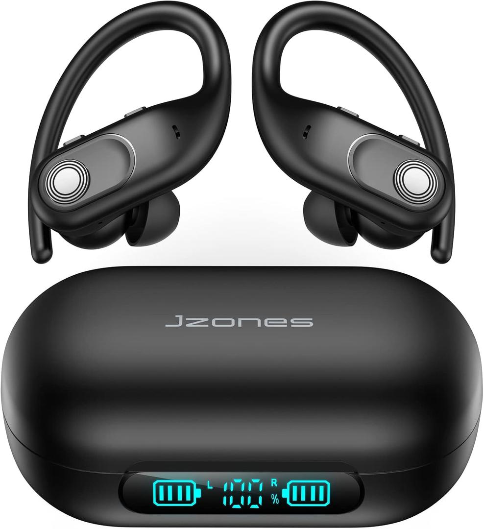 Jzones Wireless Earbuds Bluetooth Headphones 130Hrs Playtime with 2500mAh Wireless Charging Case LED Diaplay Hi-Fi Waterproof Over Ear Earphones for Sports Running Workout Gaming (Black)