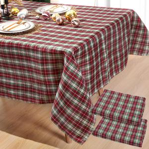 Frienda 2 Pcs Christmas Checkered Tablecloth Red Green Buffalo Plaid Table Cover Polyester Holiday Tablecloth Rectangle Table Cloth for Christmas Dining Kitchen Party Picnic Supplies(60 x 120 Inch)