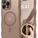 3 in 1 Magnetic for iPhone 16 Pro Max Case, 1X Screen Protector+1X Wrist Strap, Cute Wavy [Full Camera Protection][Fit for MagSafe], Trendy Matte Women Girls Case for iPhone 16 Pro Max 6.9", Brown