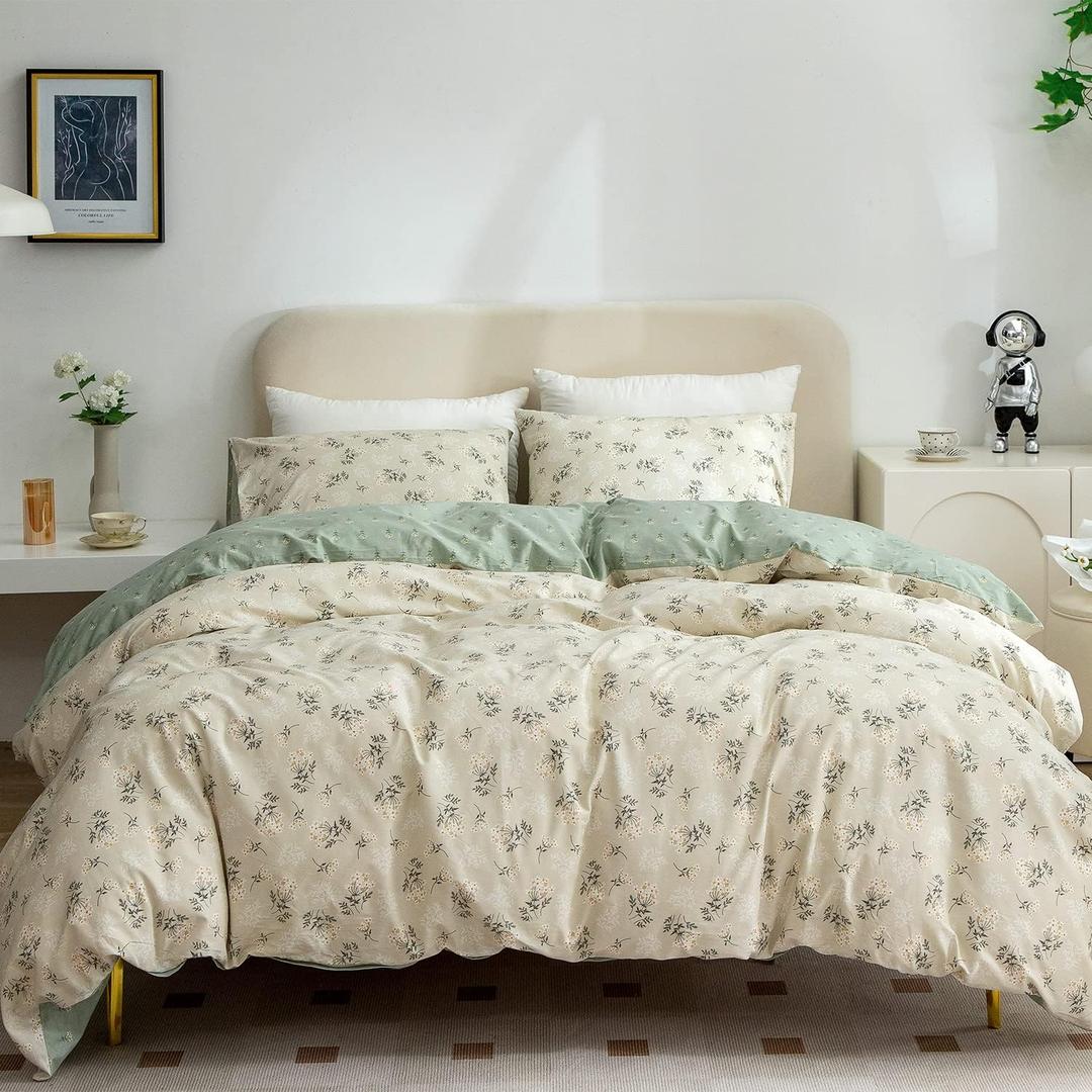 Floral Comforter Set King 3 Pieces Soft Cotton Chic Garden Style Green Floral Print Lightweight Botanical Flower Comforter Set for All Seasons 1 Comforter and 2 Pillowcases