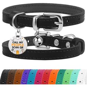 BRONZEDOG Leather Cat Collar with Removable Bells Non Breakaway Kitten QR Tag for Girl Boy (9" - 12" Cats/Mini Dogs, Black & Silver)