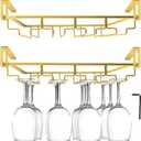 AUHOKY Adjustable Wine Glass Holder Under Shelf, Nail Free Metal Stemware Holder Storage Hanger, Hanging Wine Glasses Rack Organizer Under Cabinet Mount for Bar Kitchen (4 Rows, Gold)