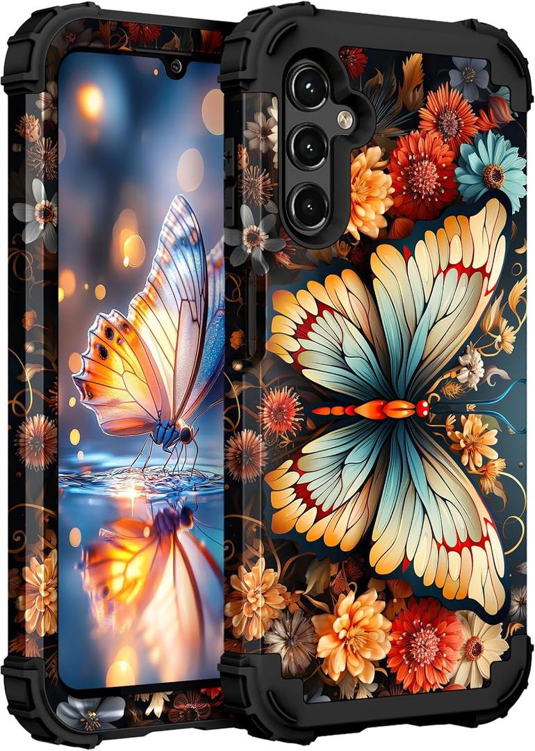 Hocase for Galaxy A14 5G Case, Heavy Duty Shockproof Protection Soft Silicone Rubber Bumper+Hard Plastic Hybrid Protective Case for Samsung Galaxy A14 5G (6.6" Display) 2023 - Butterfly on Flowers