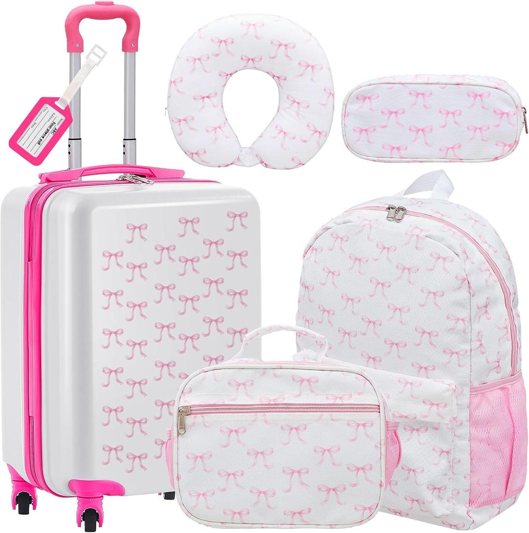 Redbaker 17 Inch 6 Pcs Kids Luggage Set Gifts for Christmas Kids Rolling Luggage Double Pattern Suitcase for Boys Girls (Pink, Bow Style)
