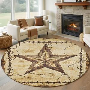 Brown Texas Star Country Round Rug 5ft Washable Circle Kitchen Rugs Non Slip Western Stars Retro Large Area Rug Indoor Floor Carpet for Bedroom Living Room Home Office Dining Room Nursery (Light Brown Tan Brown)