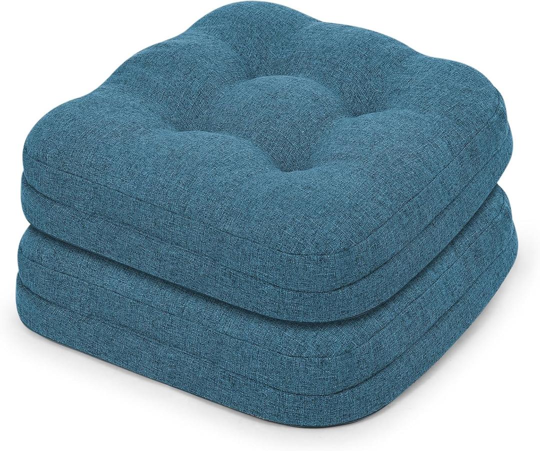 baibu Set of 2 Dining Chair Cushions, Dual-Layer Patent Design Memory Foam Kitchen Chair Cushions, Non-Slip Seat Pads with Ties, 16.5 x 16.5 x 3.5in, 2 Pack, Blue