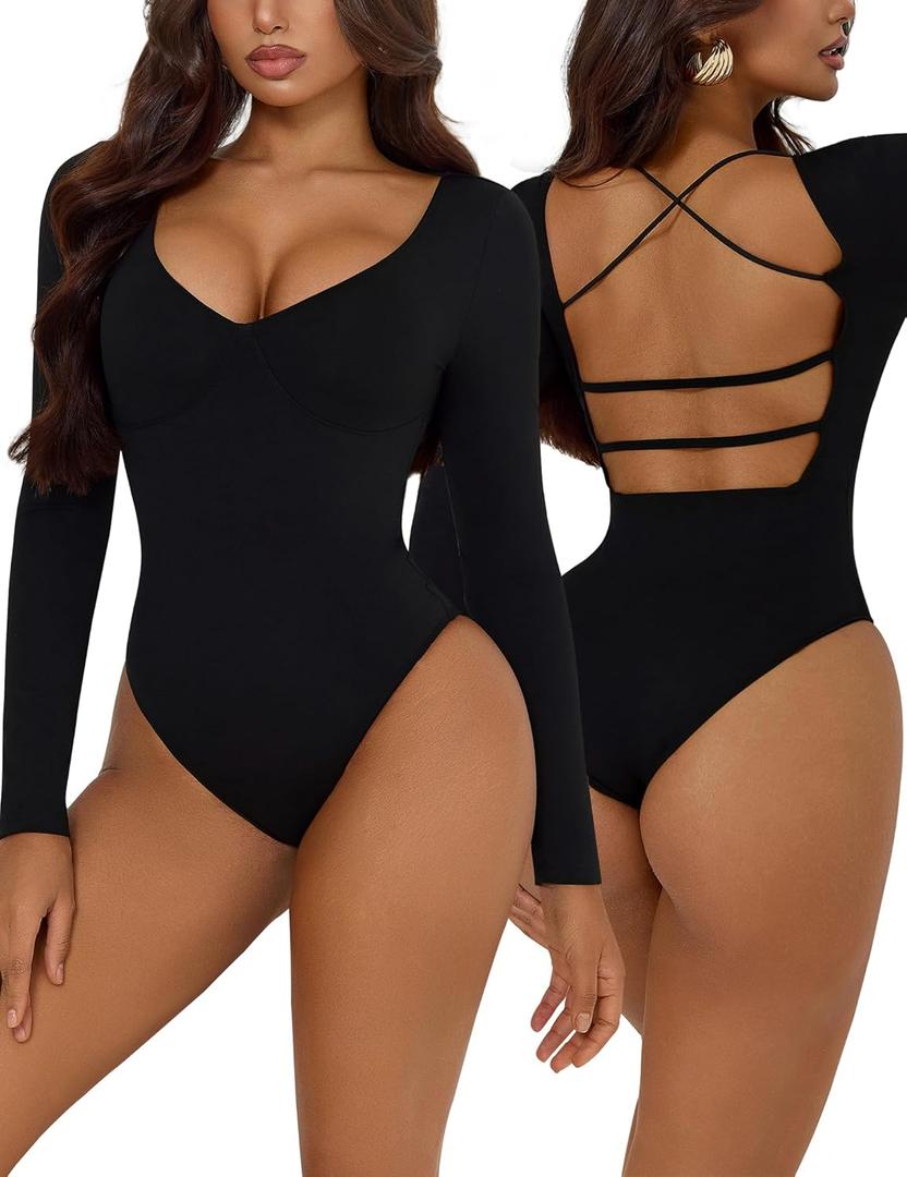 Women's Sexy Open Back Bodysuits Long Sleeve Shirts V Neck Tees Fitted Body Suits (Black)