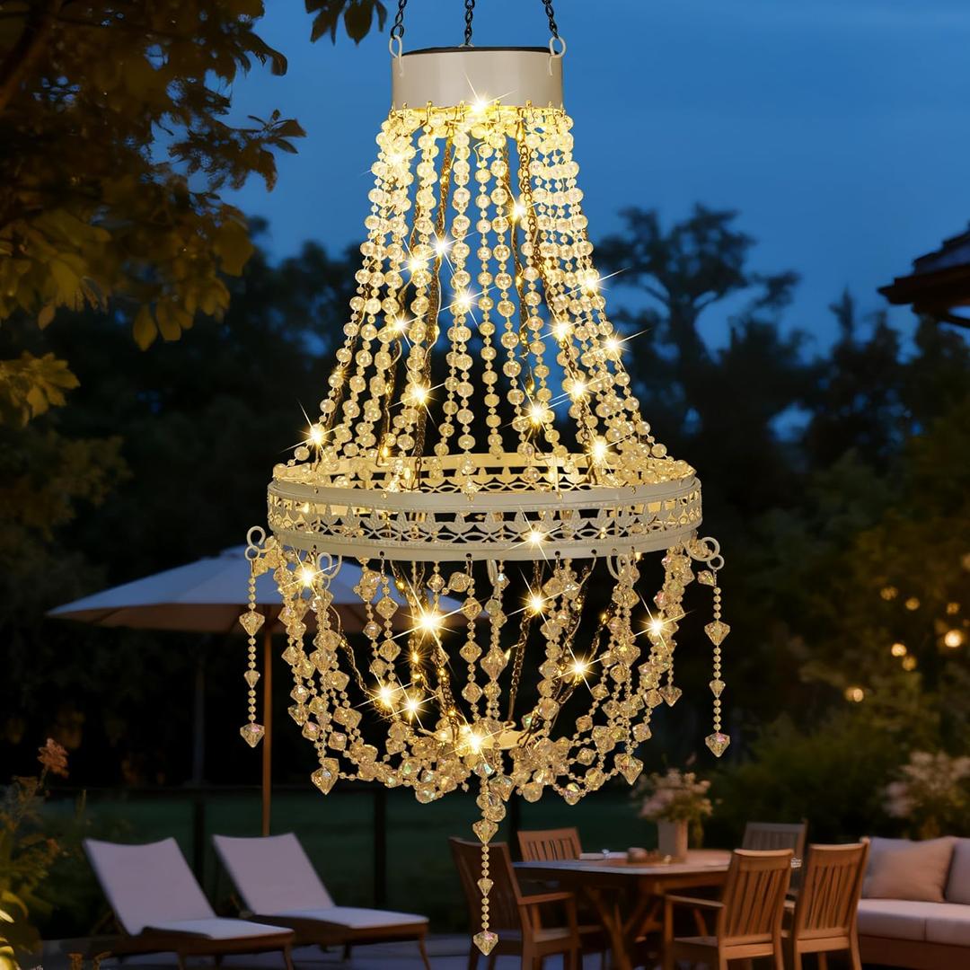 Hanging Solar Lantern Outdoor Chandelier, Waterproof Modern Crystal Acrylic Pendant Light with Warm White LED S Hook Gifts for Women Garden Decor Light for Gazebo, Patio, Yard, Party, Wedding