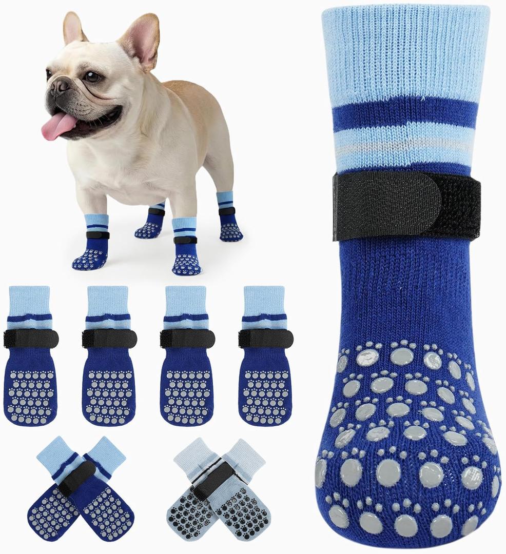 Kuoser Dog Socks, Non-Slip Dog Grip Sock for Hardwood Floors, No Twist Dog Boots & Paw Protectors 4 Pcs Anti-Scratch Hot Pavement Winter Snow Socks for Small Medium Large Senior Dogs, Blue S