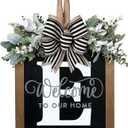 Last Name All Year Round Front Door Wreath with 26 Initial Letter Welcome Sign All Seasons Eucalyptus Garland and Bow ，Farmhouse, Porch, for Spring Summer Fall All Seasons Holiday Halloween Christmas.（E）