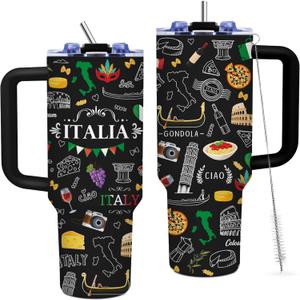Italy 40 oz Tumbler with Handle and Straw, Italy Souvenirs Insulated Travel Mug Iced Coffee Cup, Birthday Gifts for Women, Men, Christmas Thanksgiving Day Gifts for Italian