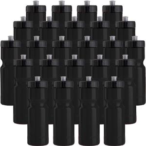 50 Strong Bulk Water Bottles | 24 Pack Sports Bottle | 22 oz. BPA-Free Easy Open with Pull Top Cap | Made in USA | Reusable Plastic Water Bottles for Adults & Kids | Top Rack Dishwasher Safe (Black)