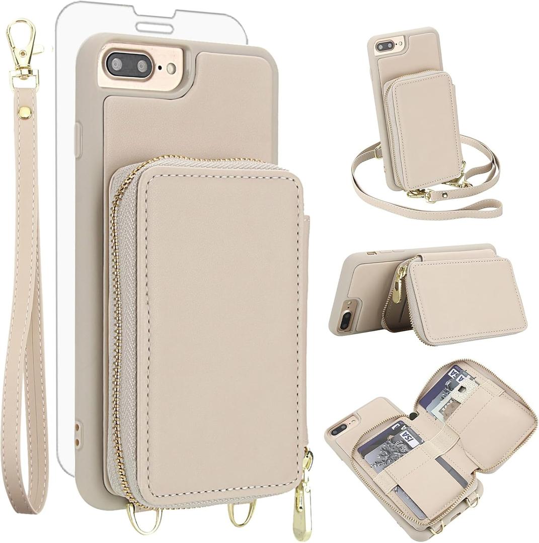 Phone Case for iPhone 6plus 6splus 7plus 8plus i 6/6s/7/8 Plus Wallet Cell Cover with Screen Protector Crossbody Strap RFID Blocking Card Holder iPhone6splus i Phone7s 7s 7+ 8s 8+ Phones8 Women Beige