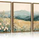 Framed Boho Mountains Flower Canvas Wall Art Daisy Wildflower Landscape Pictures Wall Decor Abstract Watercolor Floral Painting Green Natural Scenery Poster Artwork for Living Room Bedroom Office