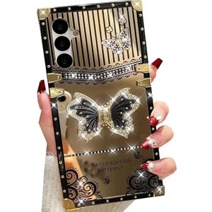 Changjia for Samsung Galaxy S26 Kickstand Case, Cute Luxury Glitter Bling Sparkly Diamond Butterfly with Foldable Stand Elegant Mirror Back Shockproof Women Girls Protective Case for Galaxy S26, Black