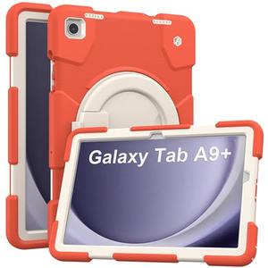 Andnary Case for Samsung Galaxy Tab A9+, Heavy Duty Shockproof Cover with Pencil Holder/360° Rotating Handheld Stand/Shoulder Strap, A9 Plus Case 11 Inch 2023 for SM-X210/X216/X218, Orange
