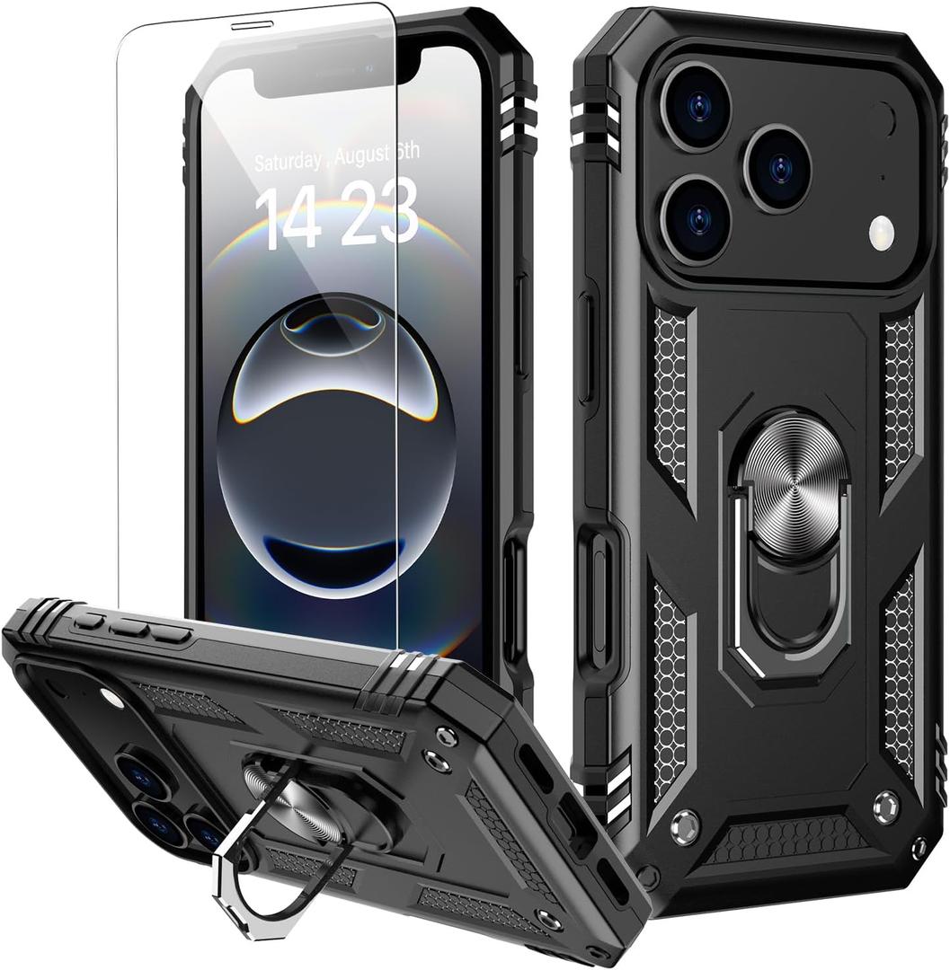 IKAZZ for iPhone 17 Pro Max Case 6.9 Inch with Screen Protector,Military Grade Shockproof Heavy Duty Protective Phone Cover Pass 16ft Drop Test with Magnetic Kickstand Car Mount Holder,Black